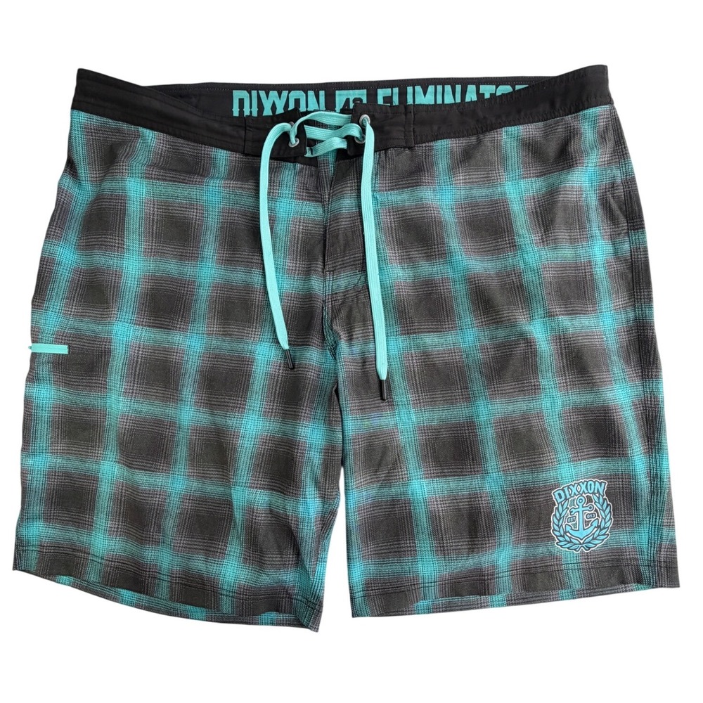 Dixxon Flannel Co Eliminator Board Shorts Mens 42 Teal Grey Plaid Swim Trunks
